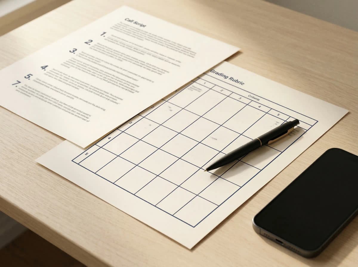 Mystery shopper audit kit flatlay — script, rubric, and comparison sheet