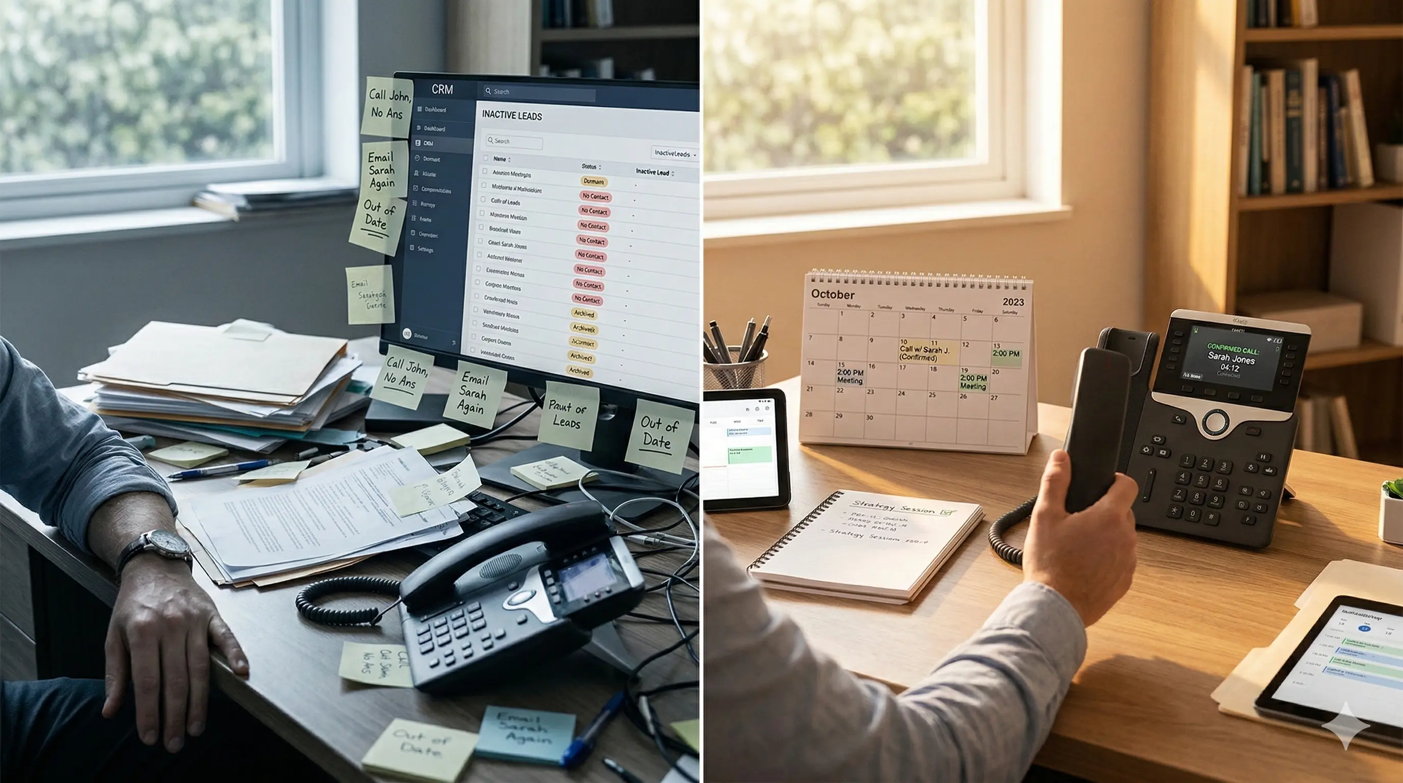 Before and after: cluttered desk versus organized workspace representing database reactivation results