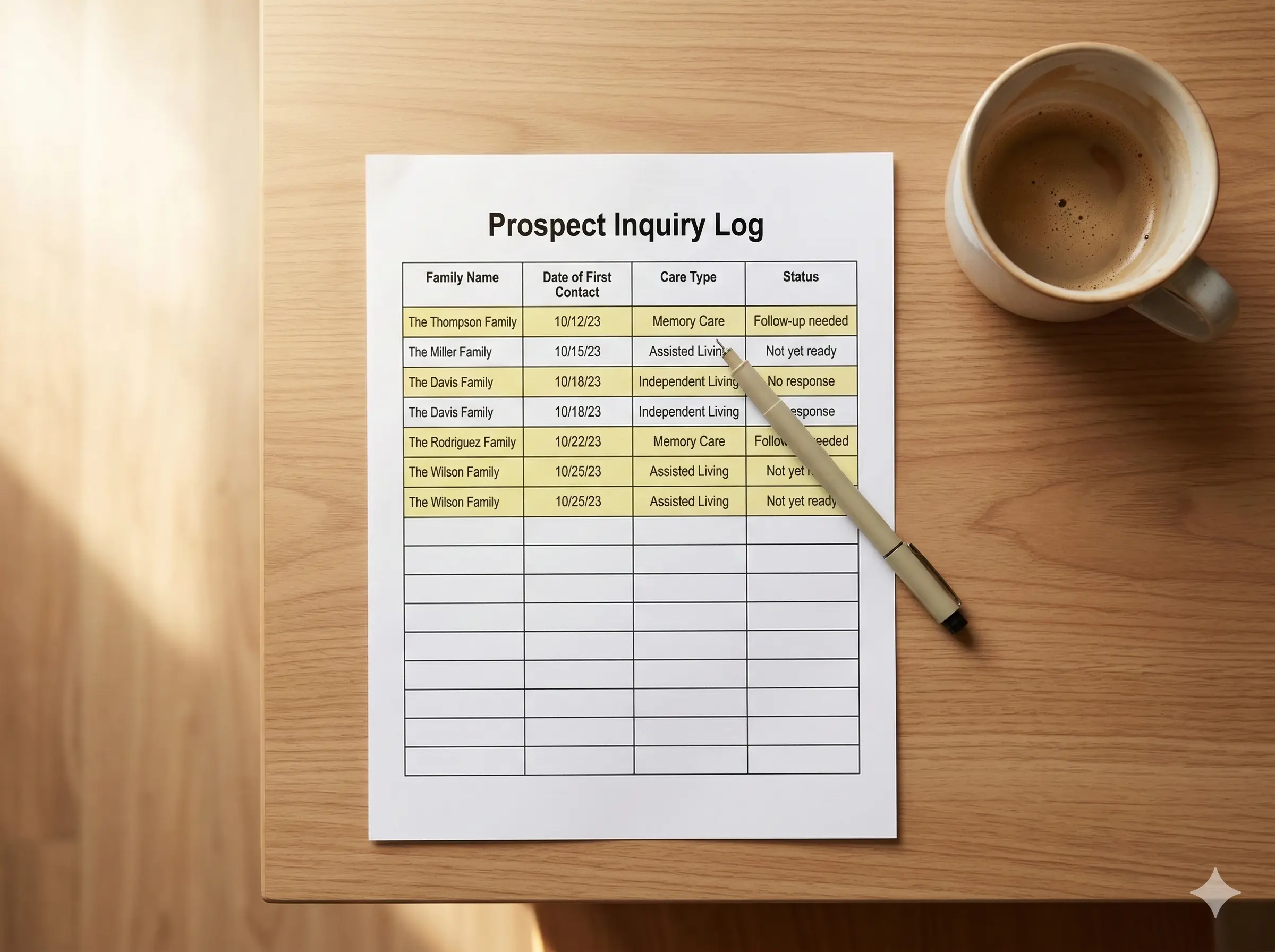 Senior living prospect inquiry log with dormant families highlighted