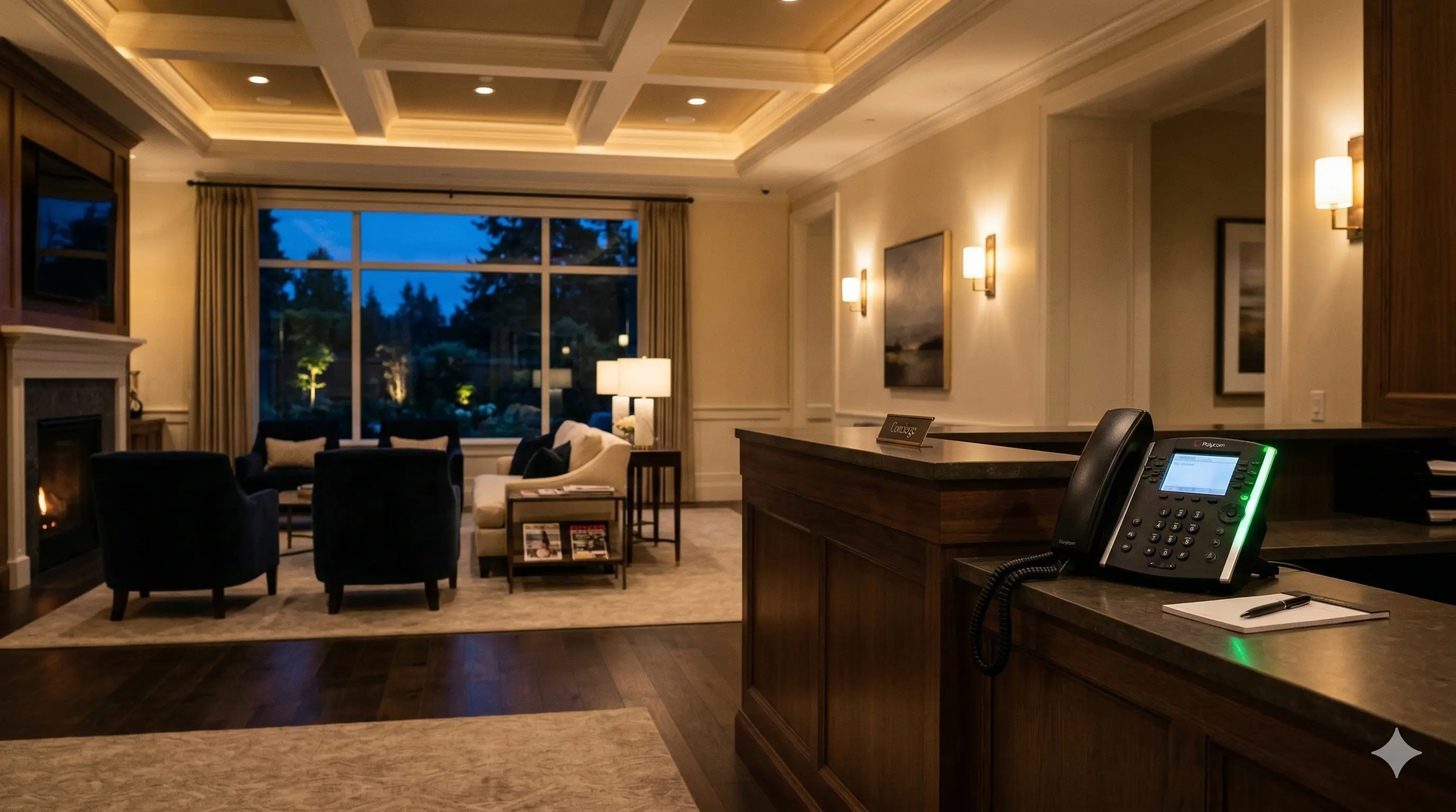 A senior living lobby after hours, with the reception desk phone lit up by an incoming call