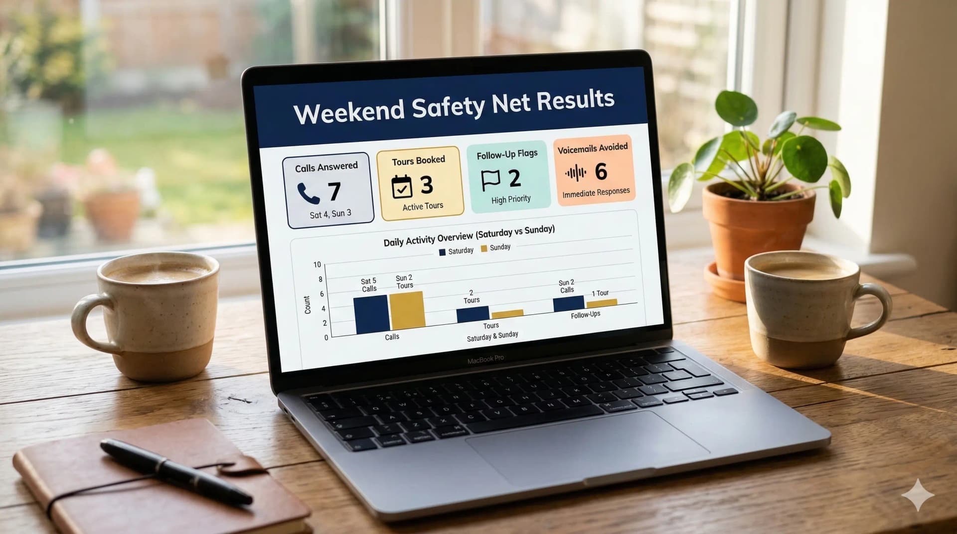 Weekend Safety Net results report on laptop showing senior living metrics